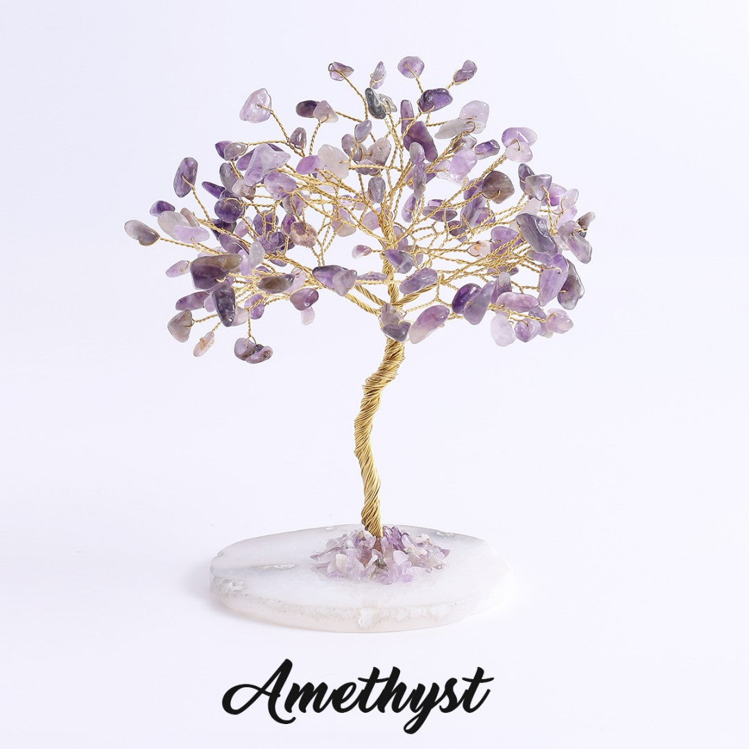 Amethyst feng shui crystal tree for spiritual balance and intuition, copper wire tree on agate slice