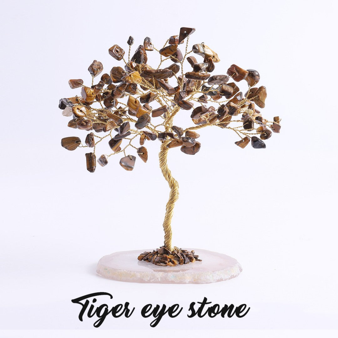 Tiger Eye crystal feng shui tree for abundance and confidence, with copper wire branches and agate base