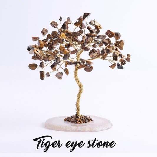 Tiger Eye crystal feng shui tree for abundance and confidence, with copper wire branches and agate base