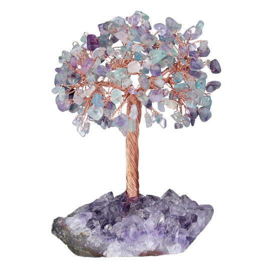 Fluorite crystal feng shui tree for energy purification and clarity, spiritual decor on amethyst base