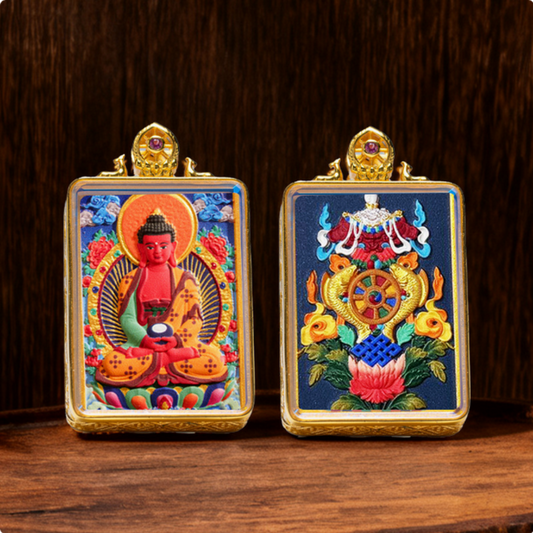 Hand-painted Tibetan thangka brass pendant necklace with Buddhist deity design
