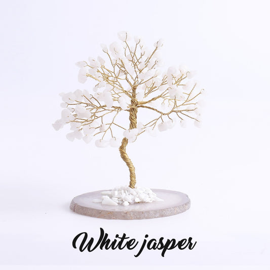 White jade feng shui tree with copper wire trunk on natural agate base