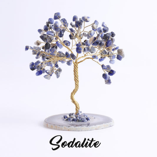 Blue Sodalite crystal feng shui tree for communication and clarity, with copper wire branches and agate base