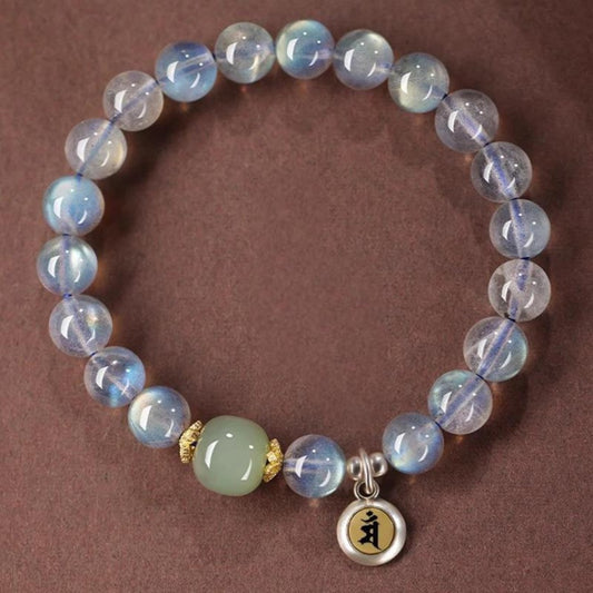 Gray moonstone Rabbit zodiac bracelet Manjushri charm Hetian jade