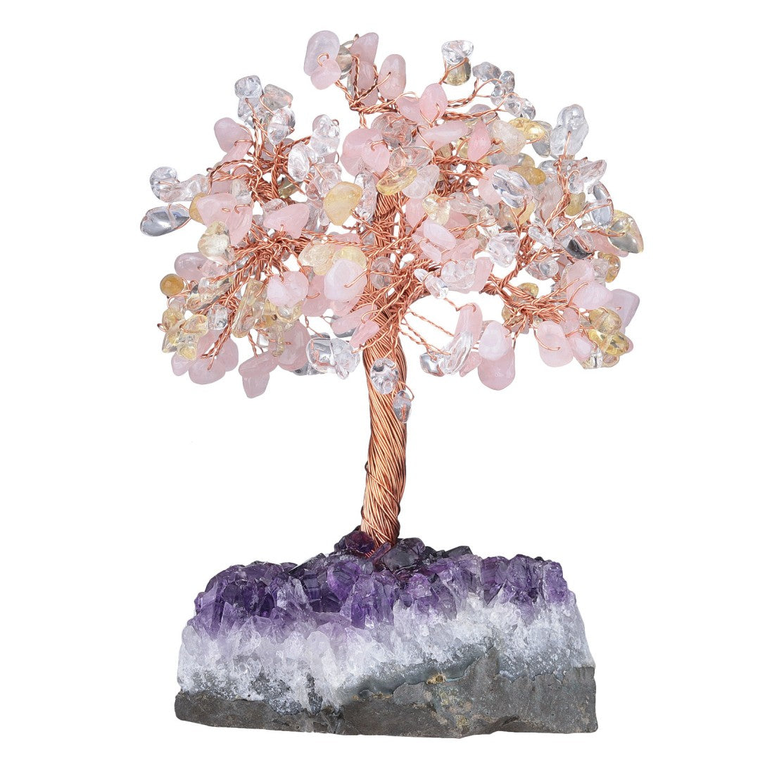 Clear Quartz Citrine and Rose Quartz feng shui tree for energy lightness and prosperity, handmade crystal tree on amethyst