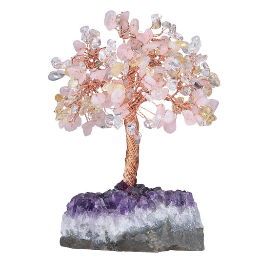 Clear Quartz Citrine and Rose Quartz feng shui tree for energy lightness and prosperity, handmade crystal tree on amethyst