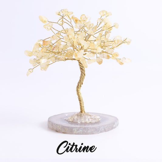 Citrine feng shui crystal tree for wealth and success, handmade with copper wire on agate slice