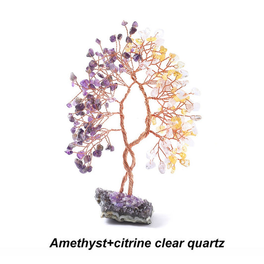 Amethyst Citrine and Clear Quartz crystal feng shui tree for balance, clarity and abundance, handmade copper wire tree on amethyst