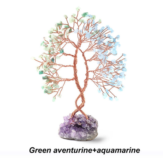 Green Aventurine and Aquamarine crystal feng shui tree for luck and tranquility, copper wire branches on raw amethyst base