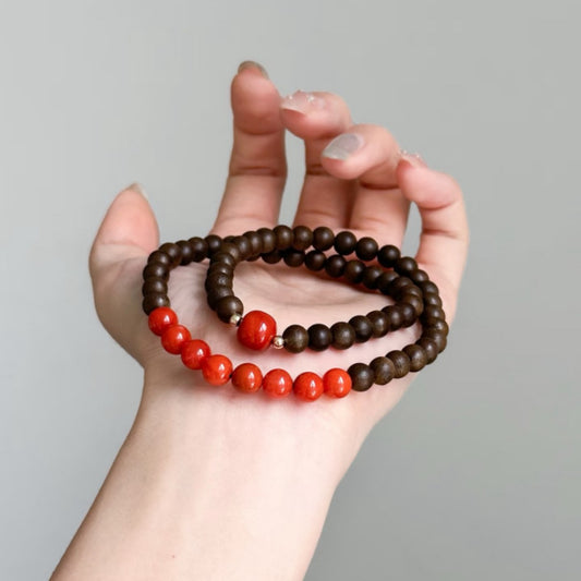 South Red agate and Qi-Nan agarwood dual-wrap bracelet
