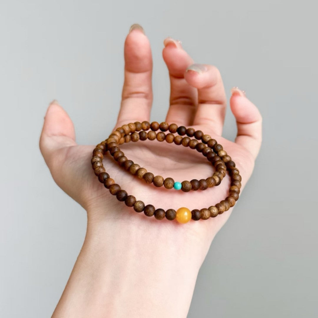 Qi-Nan agarwood bracelet with amber and turquoise accents