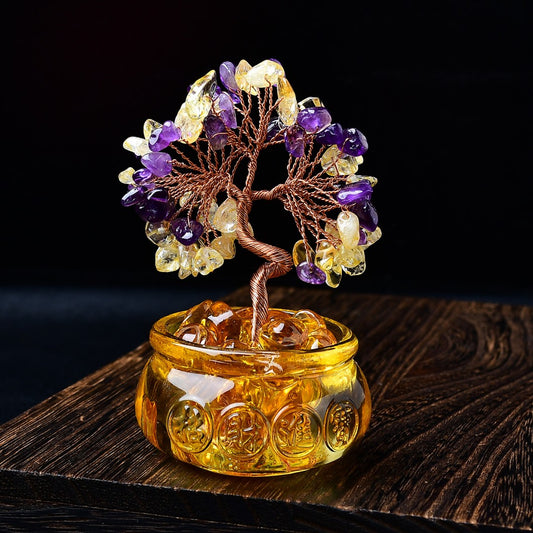 Feng shui tree with citrine and amethyst leaves in gold resin money pot