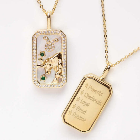 Taurus bull zodiac necklace in gold with strength affirmations - Earth element jewelry