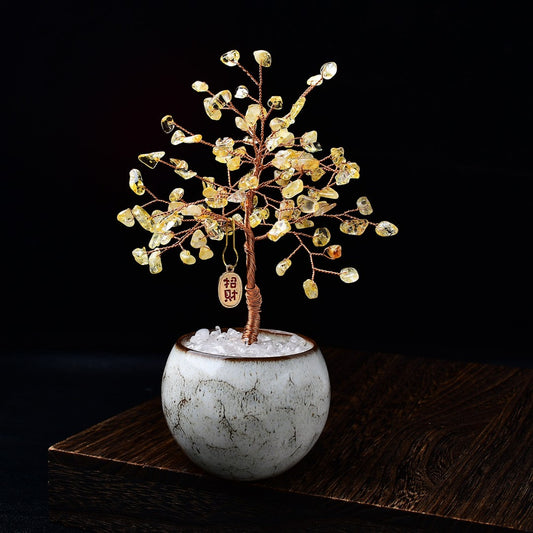 Yellow citrine crystal tree with ivory bowl base and white crystal stones