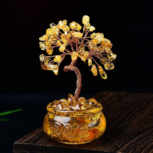 Feng shui yellow citrine tree with copper branches and fortune symbols on resin gold pot