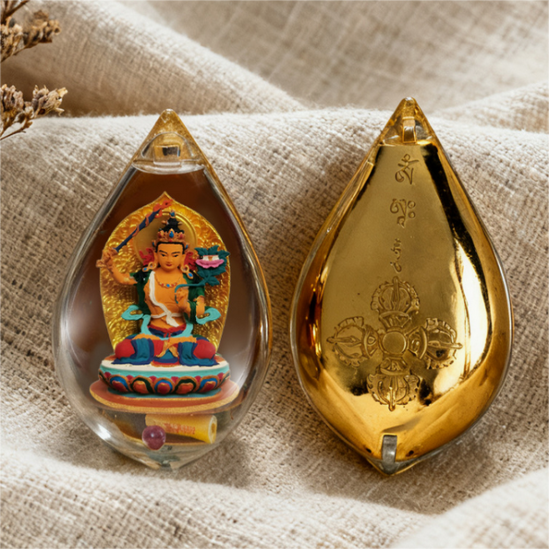 Hand-painted thangka lotus petal pendant necklace with dimensional Buddhist deity artwork