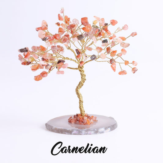 Red agate leaf feng shui tree with copper branches on agate base