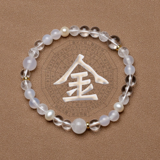 Five Elements Metal Crystal Bracelet – White Phantom Quartz, White Moonstone & Pearl