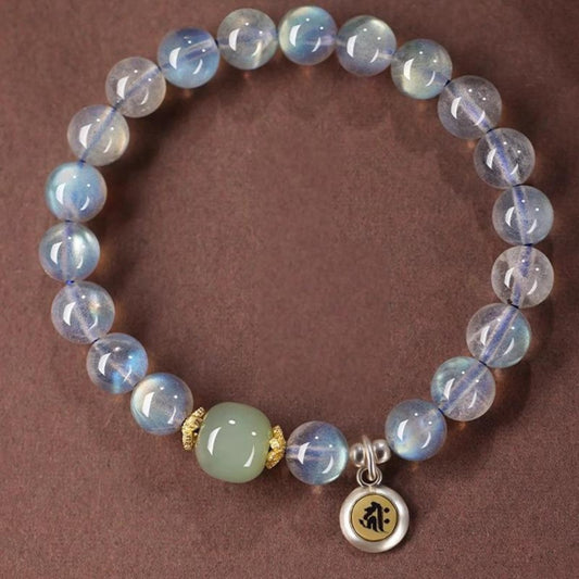 Gray moonstone Pig Dog bracelet Amitabha charm Hetian jade