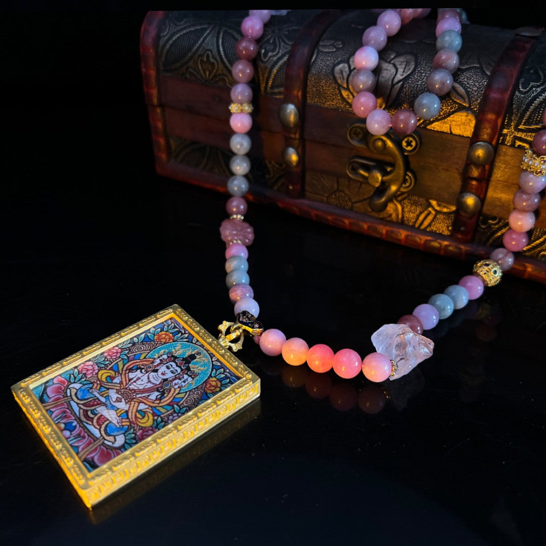 Multicolor bead necklace with Alshan Thangka pendant
