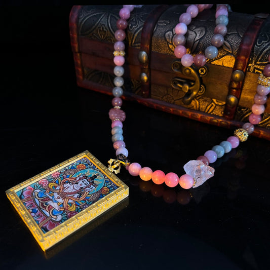 Multicolor bead necklace with Alshan Thangka pendant
