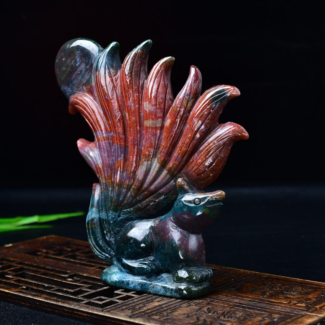 Natural ocean jasper nine-tailed fox figure with deep red and blue colors