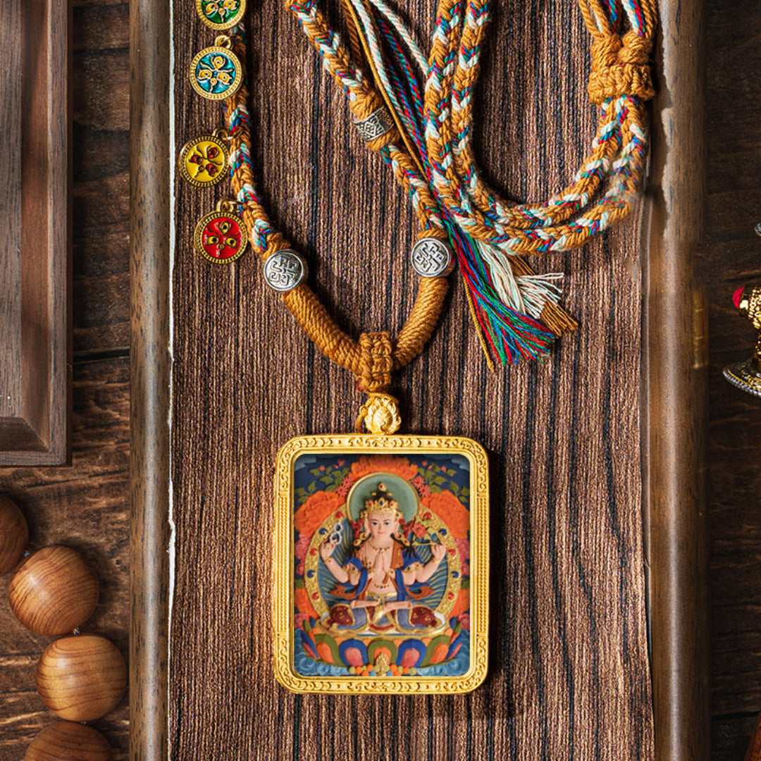 Hand-Painted Thangka Tibetan Pendant – Five Buddhist Deities