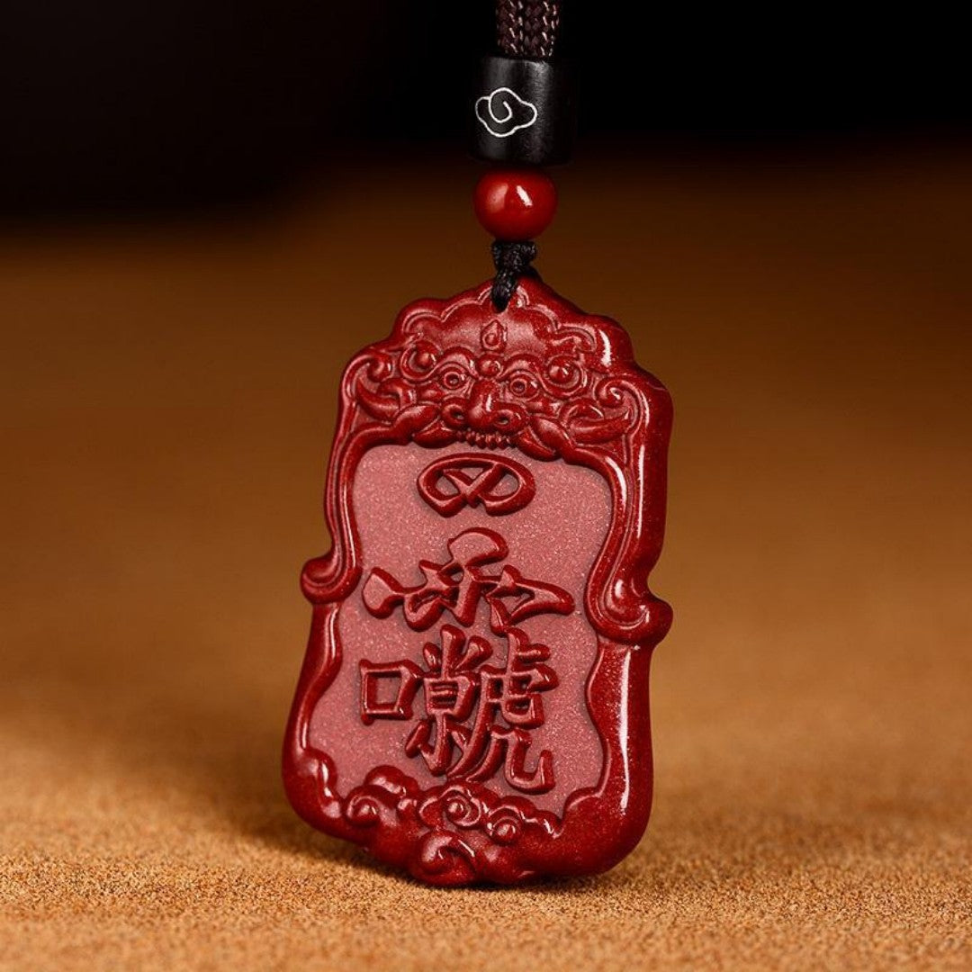 Cinnabar Taoist Pendant with Ziwei and Leizu Symbols – Red Sandstone Amulet for Good Fortune and Protection