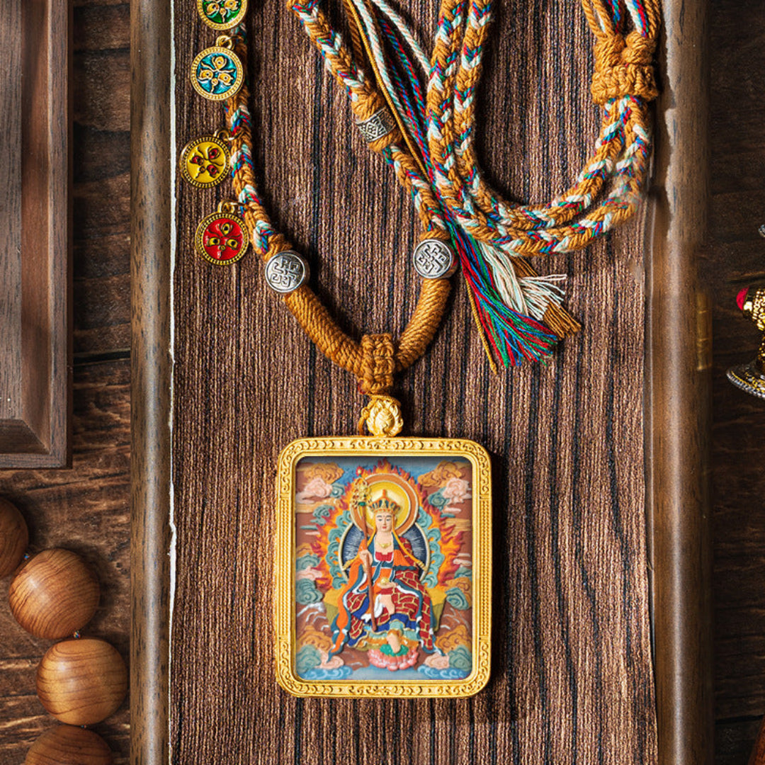 Hand-Painted Thangka Tibetan Pendant – Five Buddhist Deities