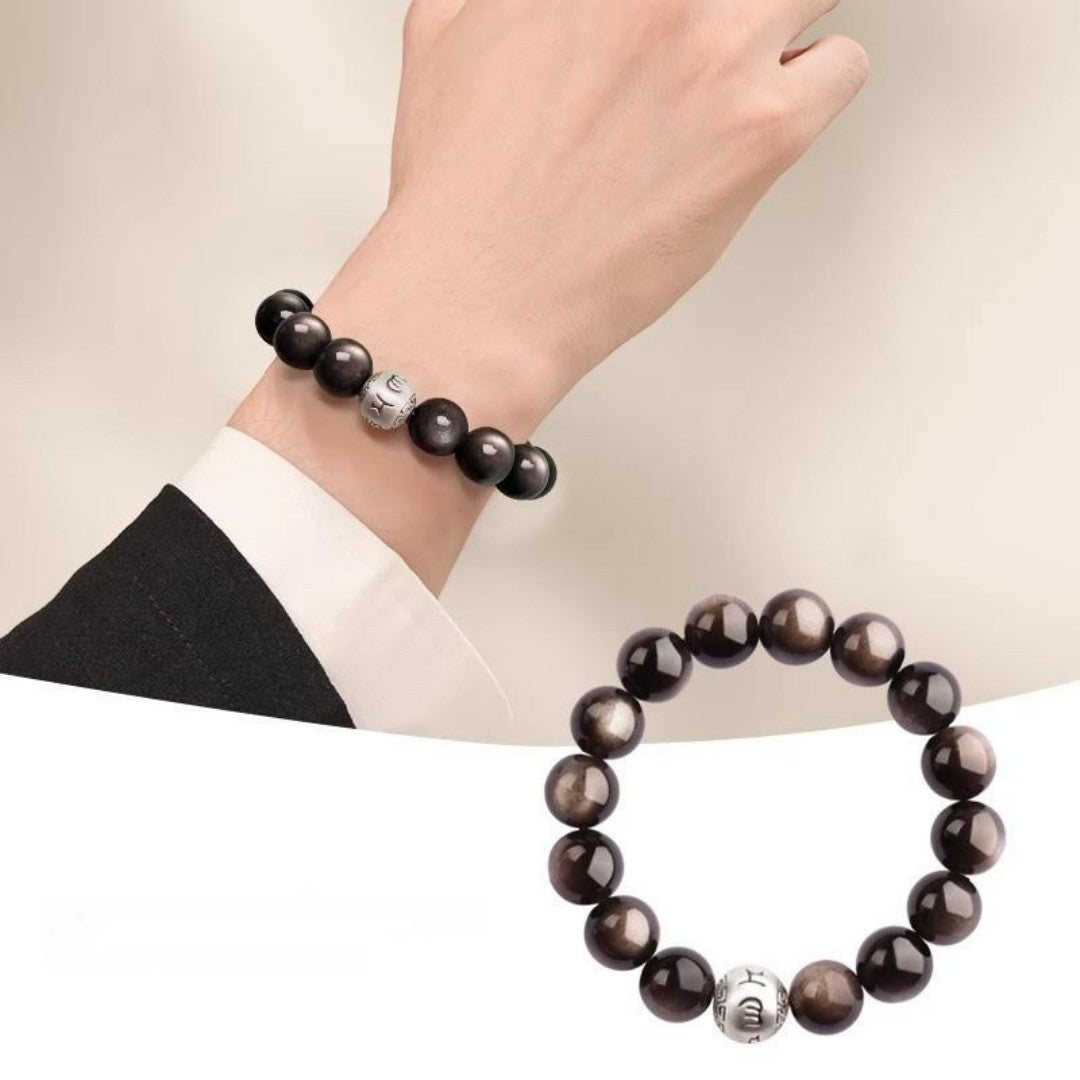 Silver obsidian bracelet with six-word mantra bead
