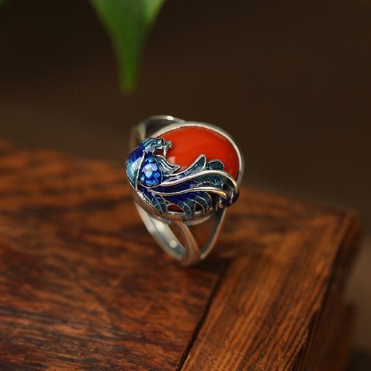 Peacock Enamel Carnelian Ring - Intuition Amplifier Thai Sterling Silver