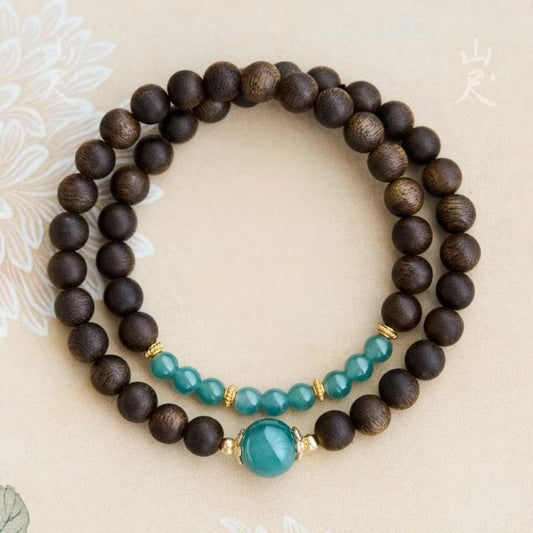 Brunei Agarwood & Natural Blue Water Jade Double Wrap Bracelet – Harmony & Wealth