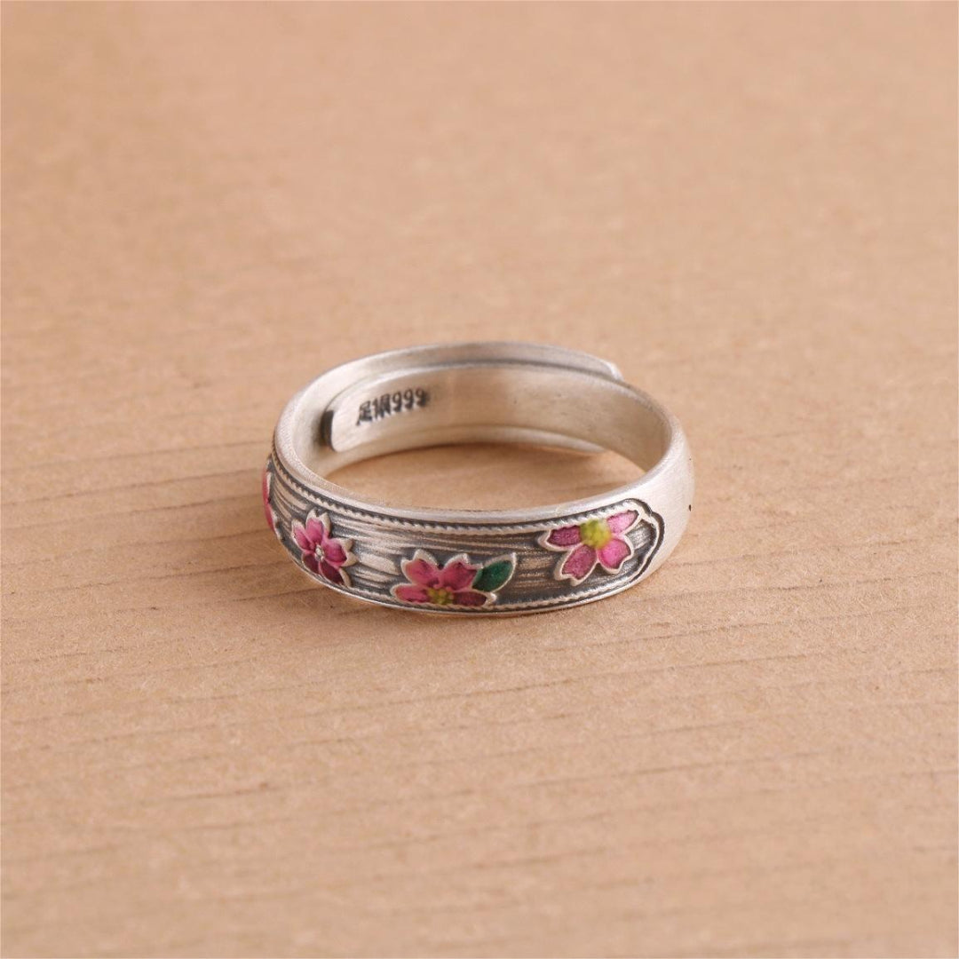 S999 sterling silver cloisonné enamel adjustable ring – bamboo, lotus, floral design