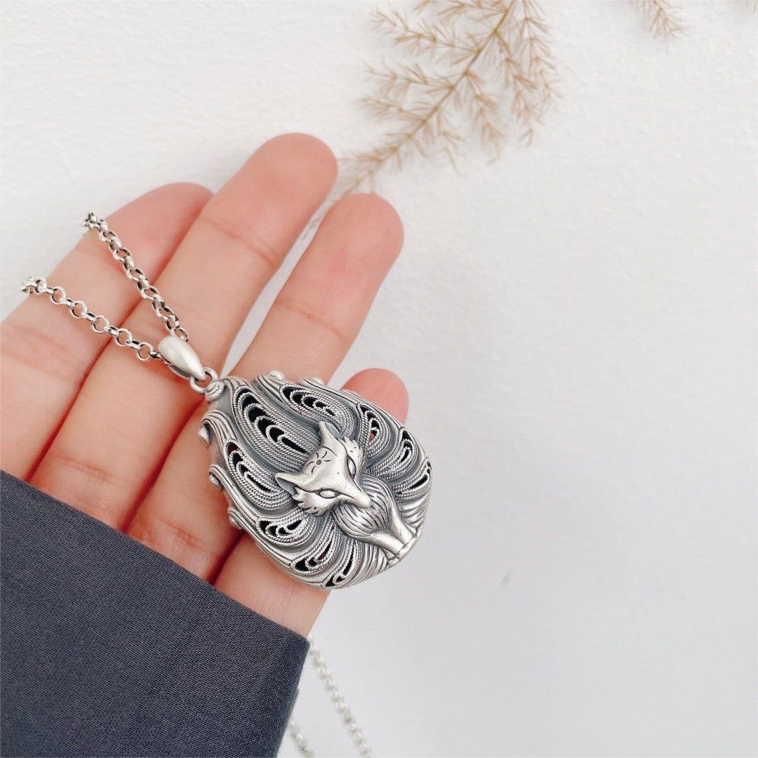 Nine-Tailed Fox S999 Fine Silver Pendant – Vintage Oriental Filigree Feng Shui Necklace