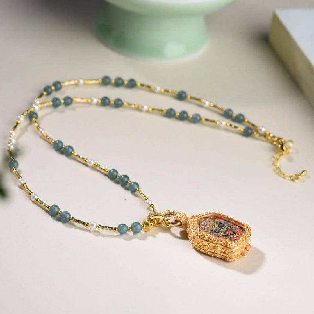 Tibetan Buddhist Copper Guardian Deity Pendant & Blue Jadeite Necklace