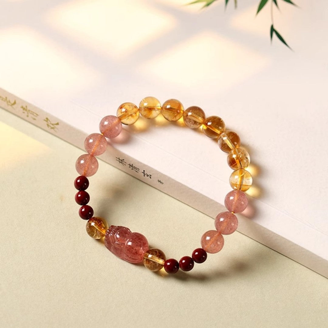 Golden sheen obsidian strawberry quartz pixiu bracelet Feng Shui