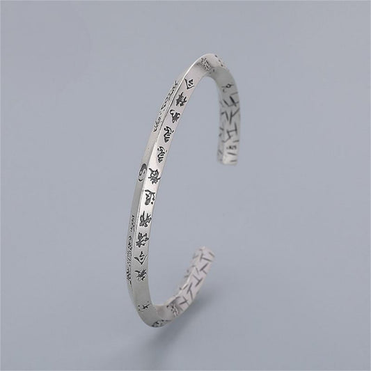 Taoist Nine Mantras Vintage S925 Silver Bangle – Adjustable Feng Shui Bracelet with Hammered Finish