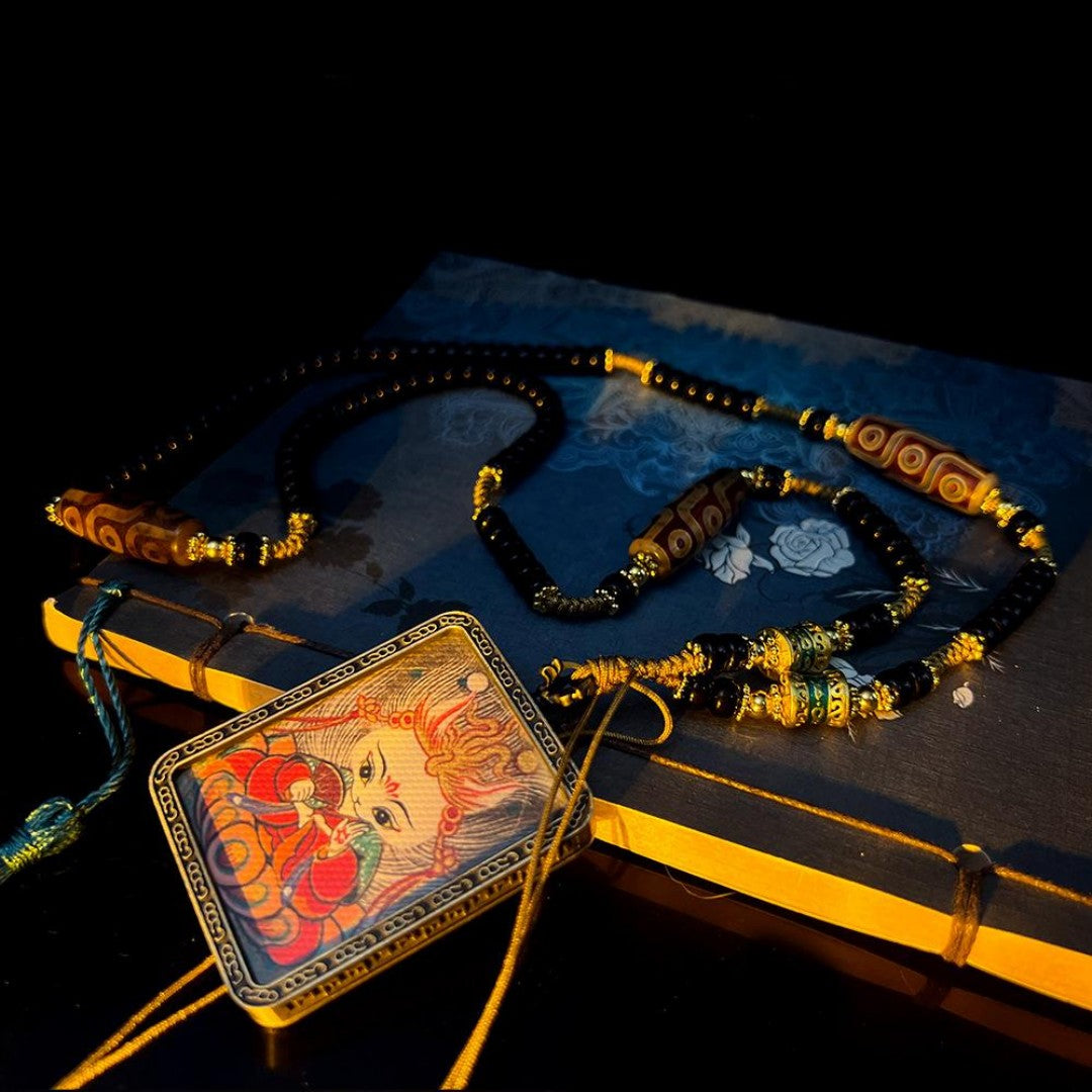 Obsidian and red Dzi bead necklace with Nine-Tailed Fox pendant