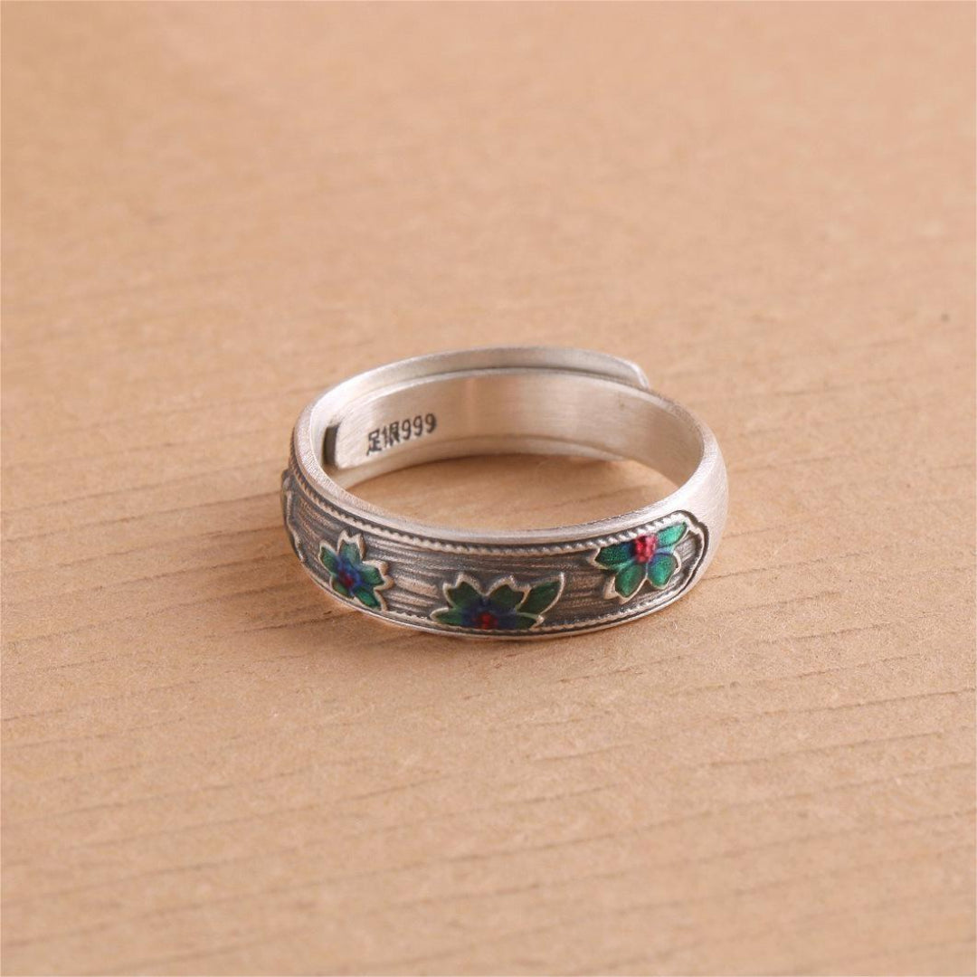 S999 sterling silver cloisonné enamel adjustable ring – bamboo, lotus, floral design