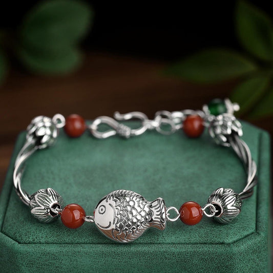 Koi Lotus Bracelet - "Year of Abundance" Thai Silver Chain with Carnelian