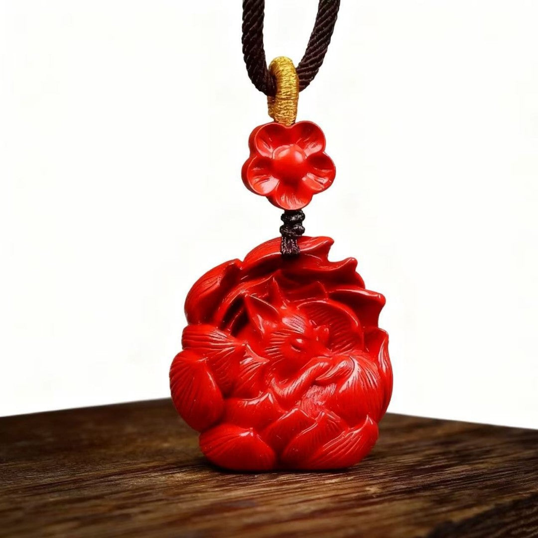 Cinnabar Nine-Tailed Fox Pendant Necklace – Red and Purple Sand Options | Spiritual Talisman for Protection and Wisdom