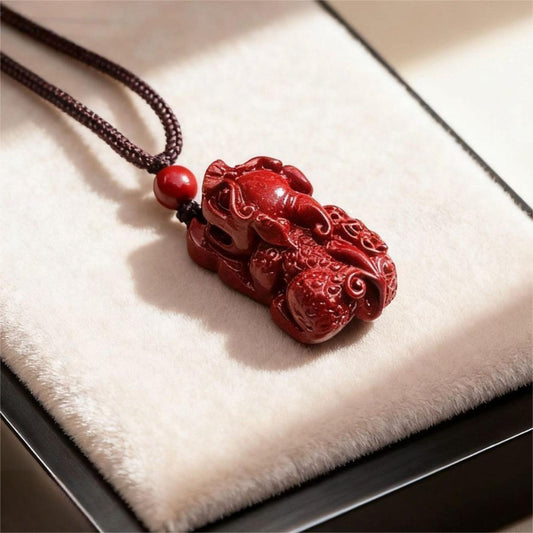 Cinnabar Pixiu three-coin pendant necklace with sparkling red finish and traditional Eastern symbolism