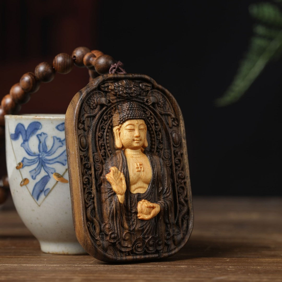 Agarwood Buddha Beads with Wooden Vairocana Buddha Amulet
