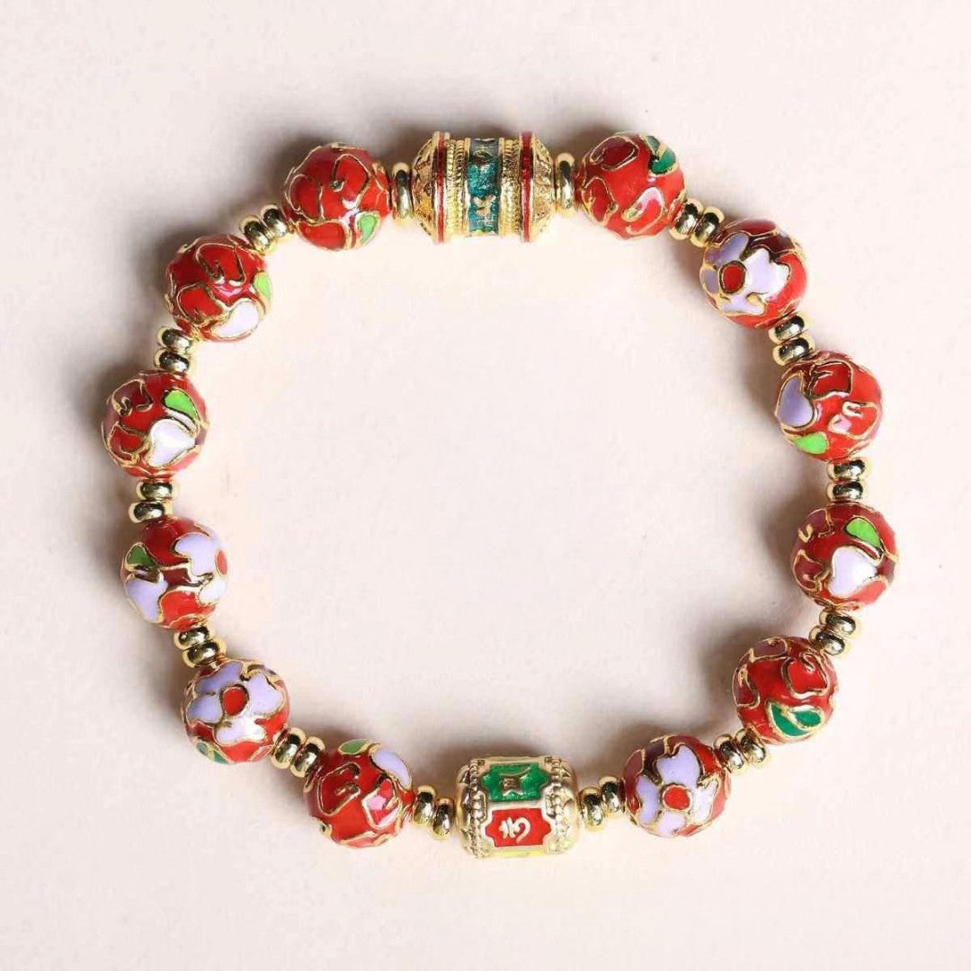 Cloisonné enamel flower bracelet with 10mm glass beads — Prosperity Blossom design