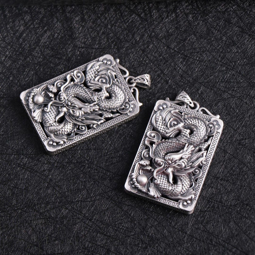 S999 Sterling Silver Chinese Dragon Pendant – Vintage Hollow Carved Feng Shui Talisman Necklace