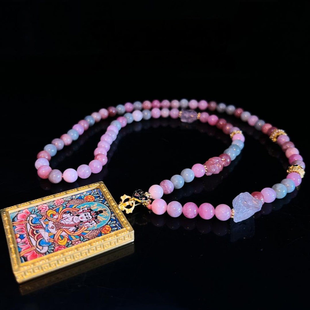 Multicolor bead necklace with Alshan Thangka pendant