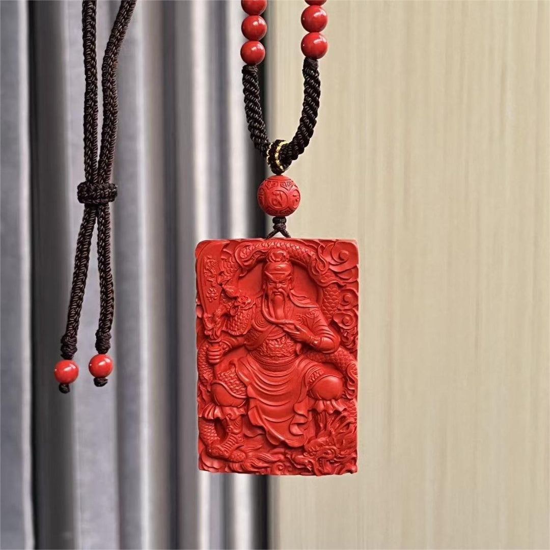 Guanyu Pendant – Cinnabar Wealth & Protection Amulet with Detailed Carving of the Chinese God of War