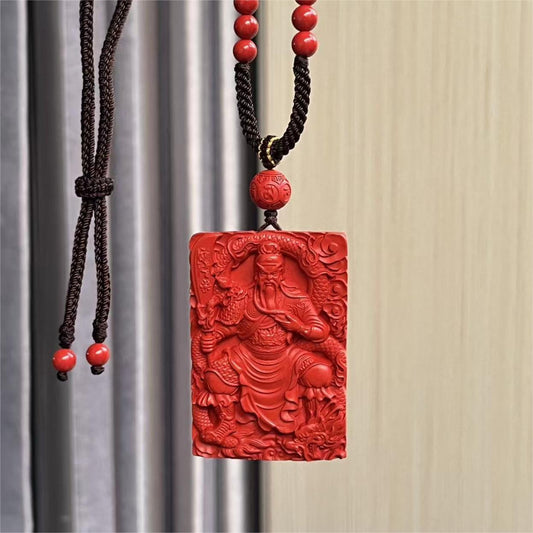 Guanyu Pendant – Cinnabar Wealth & Protection Amulet with Detailed Carving of the Chinese God of War
