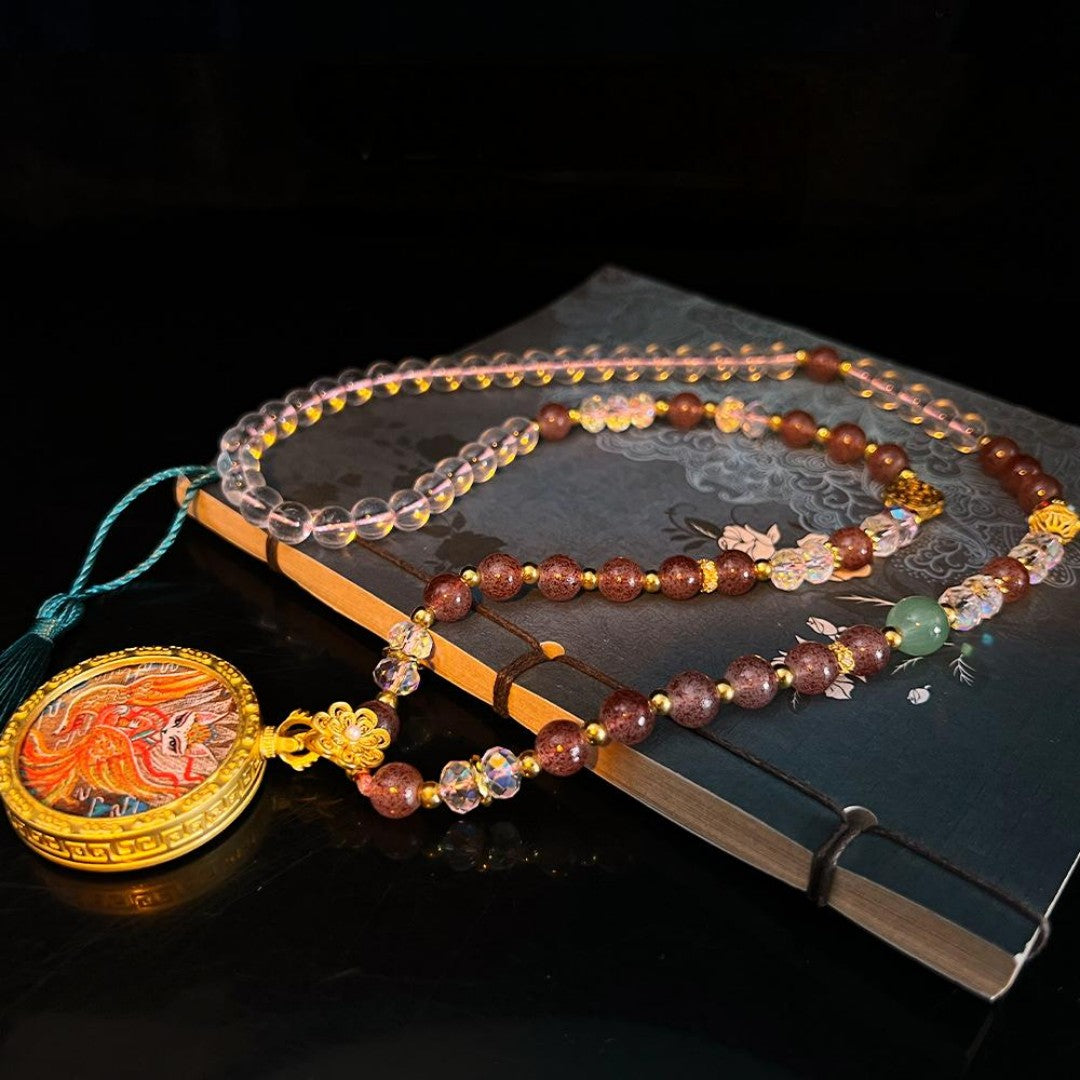 Strawberry and clear quartz Thangka necklace with Nine-Tailed Fox pendant