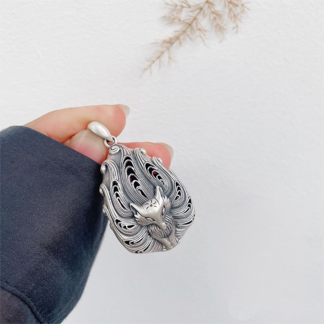 Nine-Tailed Fox S999 Fine Silver Pendant – Vintage Oriental Filigree Feng Shui Necklace